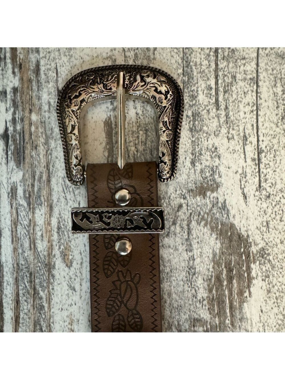 Tan Faux Leather Western Belt Silver Buckle - Picture 6 of 10